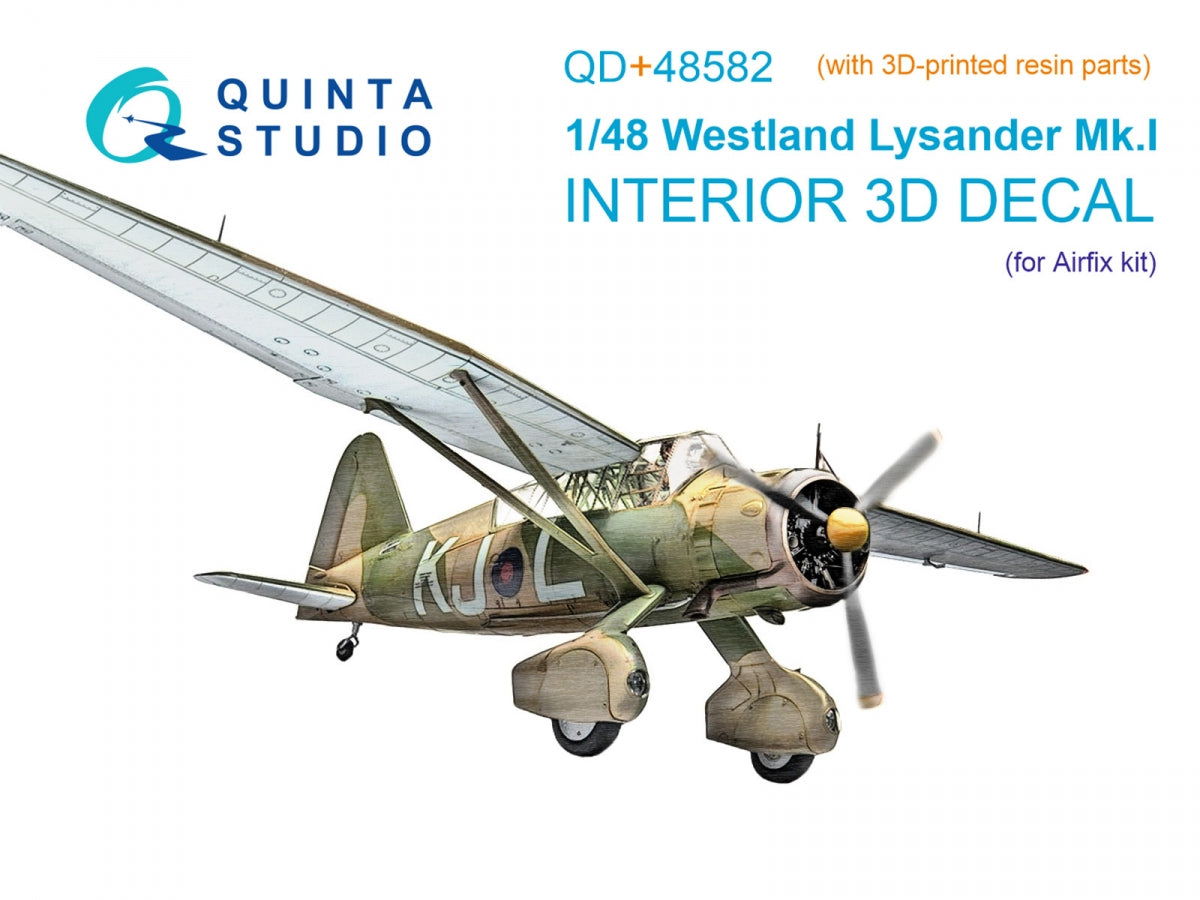 Quinta Studio QD+48582 Westland Lysander Mk.I 3D-Printed &amp;amp; colored Interior on decal paper (Airfix) (with 3D-printed resin parts) 1/48
