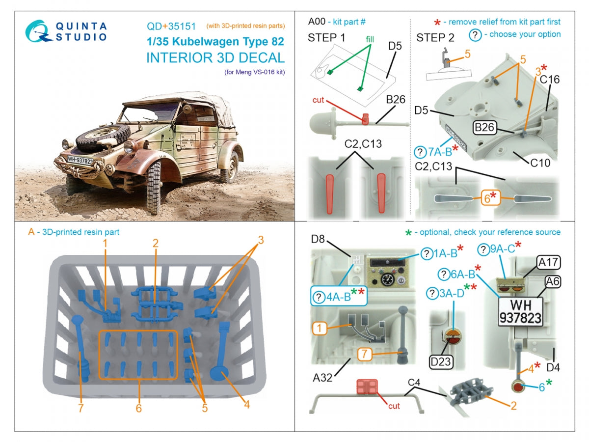 Quinta Studio QD+35151 Kubelwagen Type 82 3D-Printed &amp;amp; colored Interior on decal paper (Meng VS-016) (with 3D-printed resin parts) 1/35 – image 16