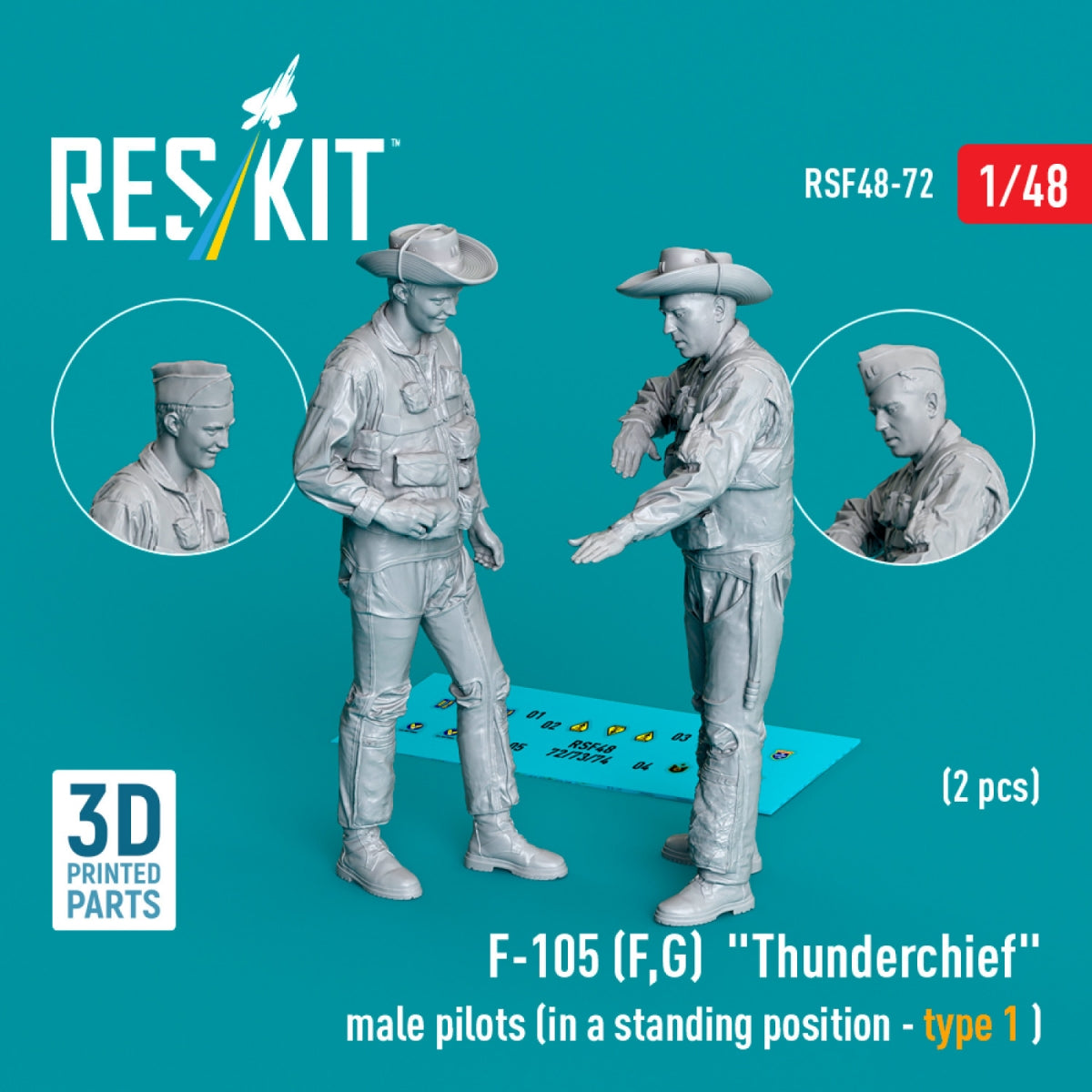RESKIT RSF48-0072 F-105 (F, G) &amp;quot;Thunderchief&amp;quot; male pilots (in a standing position - type 1) (2 pcs) (3D Printed) 1/48