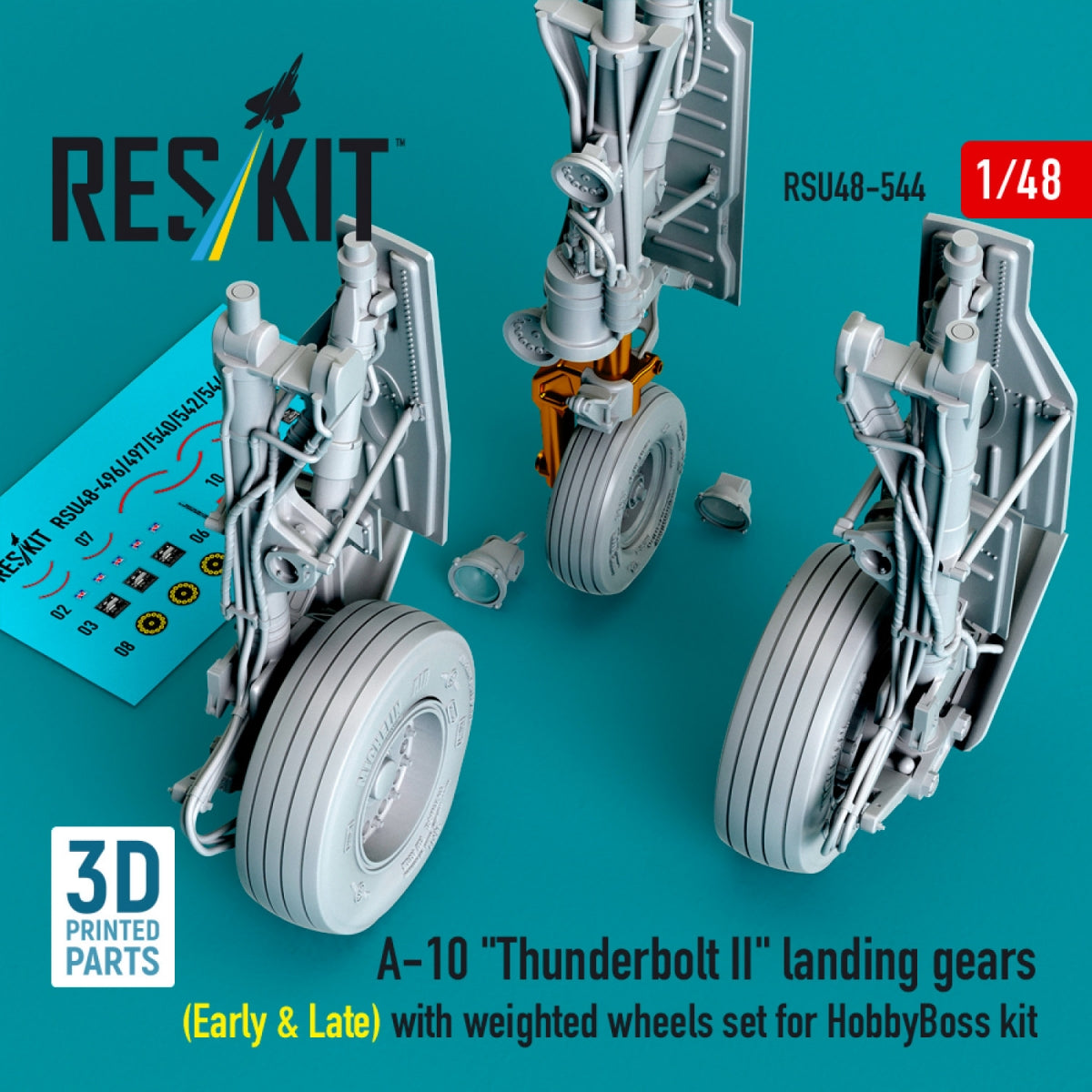 RESKIT RSU48-0544 A-10 "Thunderbolt II" landing gears (Early & Late) with weighted wheels set for HobbyBoss kit (Metal+3D Printed) 1/48