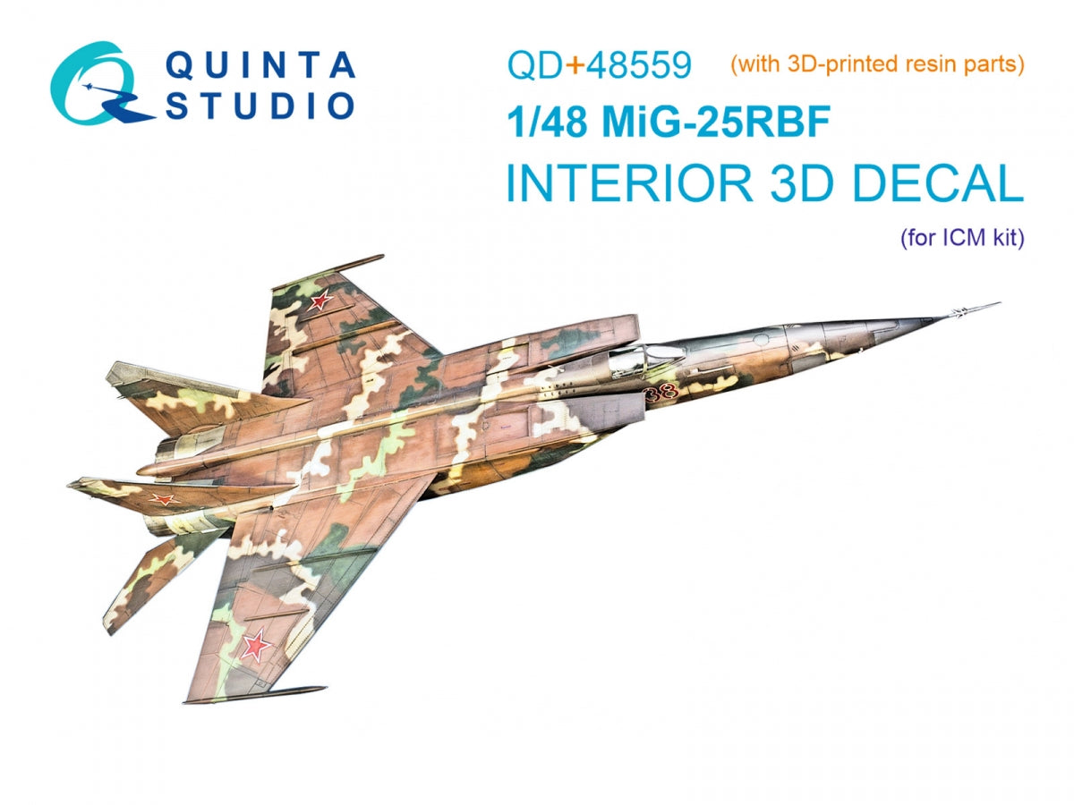 Quinta Studio QD+48559 MiG-25RBF 3D-Printed &amp; colored Interior on decal paper (ICM) (with 3D-printed resin parts) 1/48