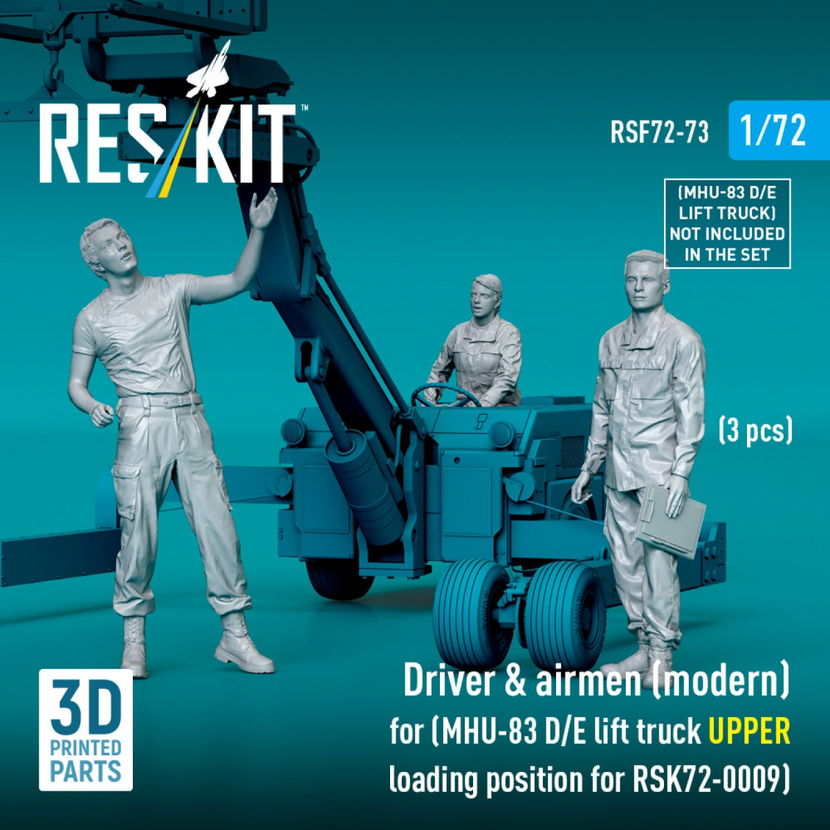 RESKIT RSF72-0073 Driver &amp;amp; airmen (modern) (3 pcs) (MHU-83 D/E lift truck UPPER loading position for RSK72-0009) (3D Printed) 1/72 – obrázek 3
