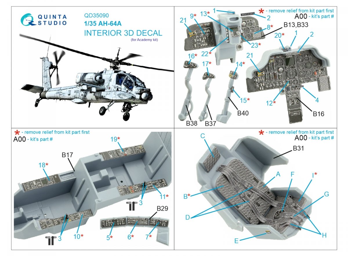 Quinta Studio QD35090 AH-64A 3D-Printed &amp;amp; colored Interior on decal paper (Academy) 1/35 – obrázek 2