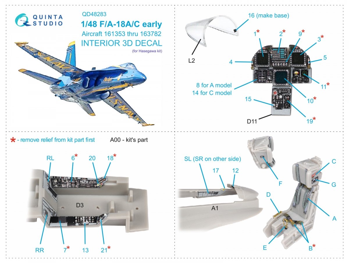 Quinta Studio QD48283 F/A-18A / C early 3D-Printed &amp;amp; colored Interior on decal paper (Hasegawa) 1/48 – obrázek 2