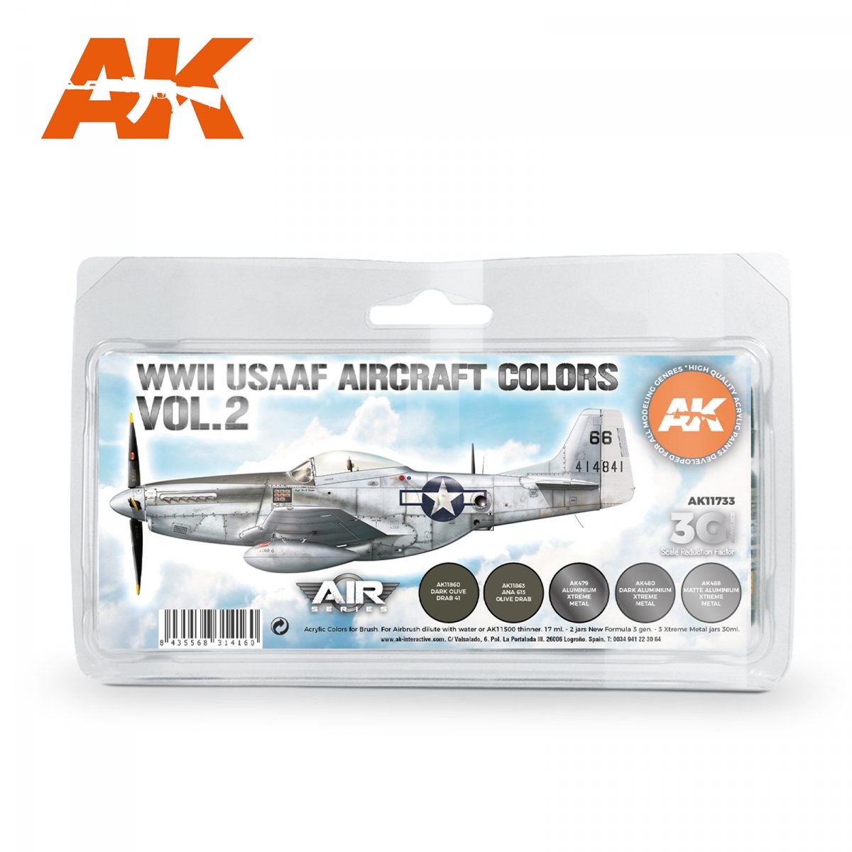 AK Interactive AK11733 Couleurs des avions de l'USAAF de la Seconde Guerre mondiale, vol. 2, 5 x 17 ml