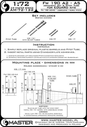 Master AM-72-132 Fw 190 A2 - A5 armament set (MG 17 tips, MG FF barrels, MG 151 barrels) and pitot tube (for Eduard models) (1/72) – image 3