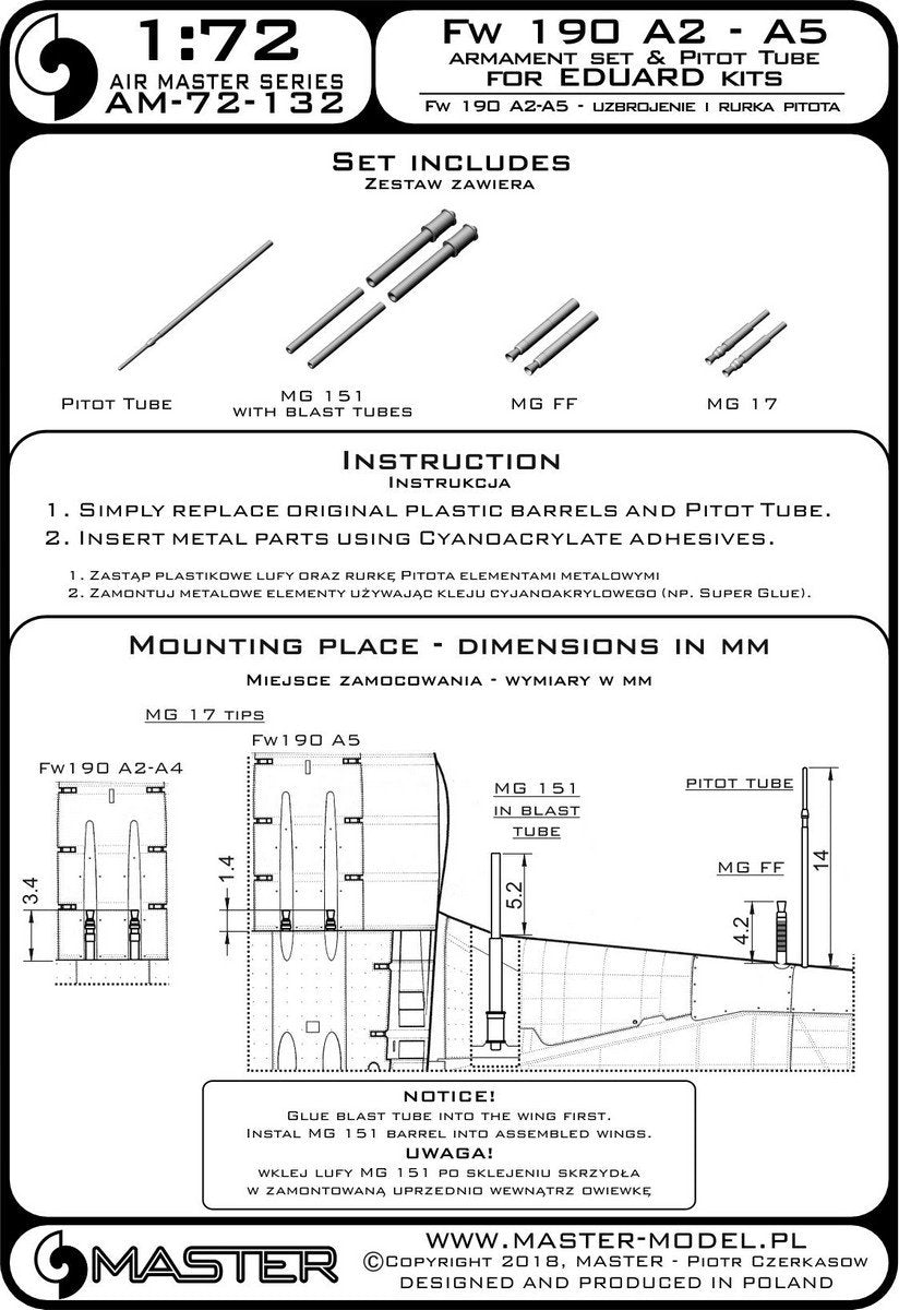 Master AM-72-132 Fw 190 A2 - A5 armament set (MG 17 tips, MG FF barrels, MG 151 barrels) and pitot tube (for Eduard models) (1/72) – image 3