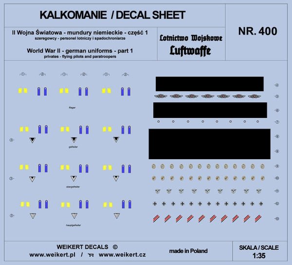 Weikert Decals DEC400 German Uniforms - Part 1 - Luftwaffe - Air Force Personnel and Paratroopers 1/35