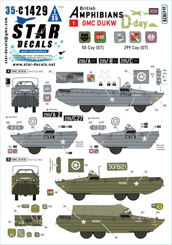 Star Decals 35-C1429 D-Day DUKW. British Amphibians # 1. 50 Coy (GT) and 299 Coy. (GT) RASC. 1/35