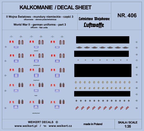 Weikert Decals DEC406 German Uniforms - Part 3 - Luftwaffe - Anti-Aircraft Defense 1/35