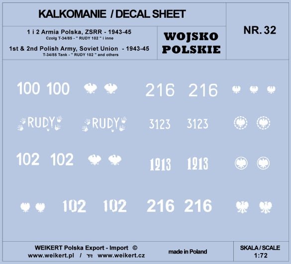 Weikert Decals DEC232 POLISH ARMY - TANK T-34/85, RUDY 102 and others / 1st and 2nd Polish Army 1/72