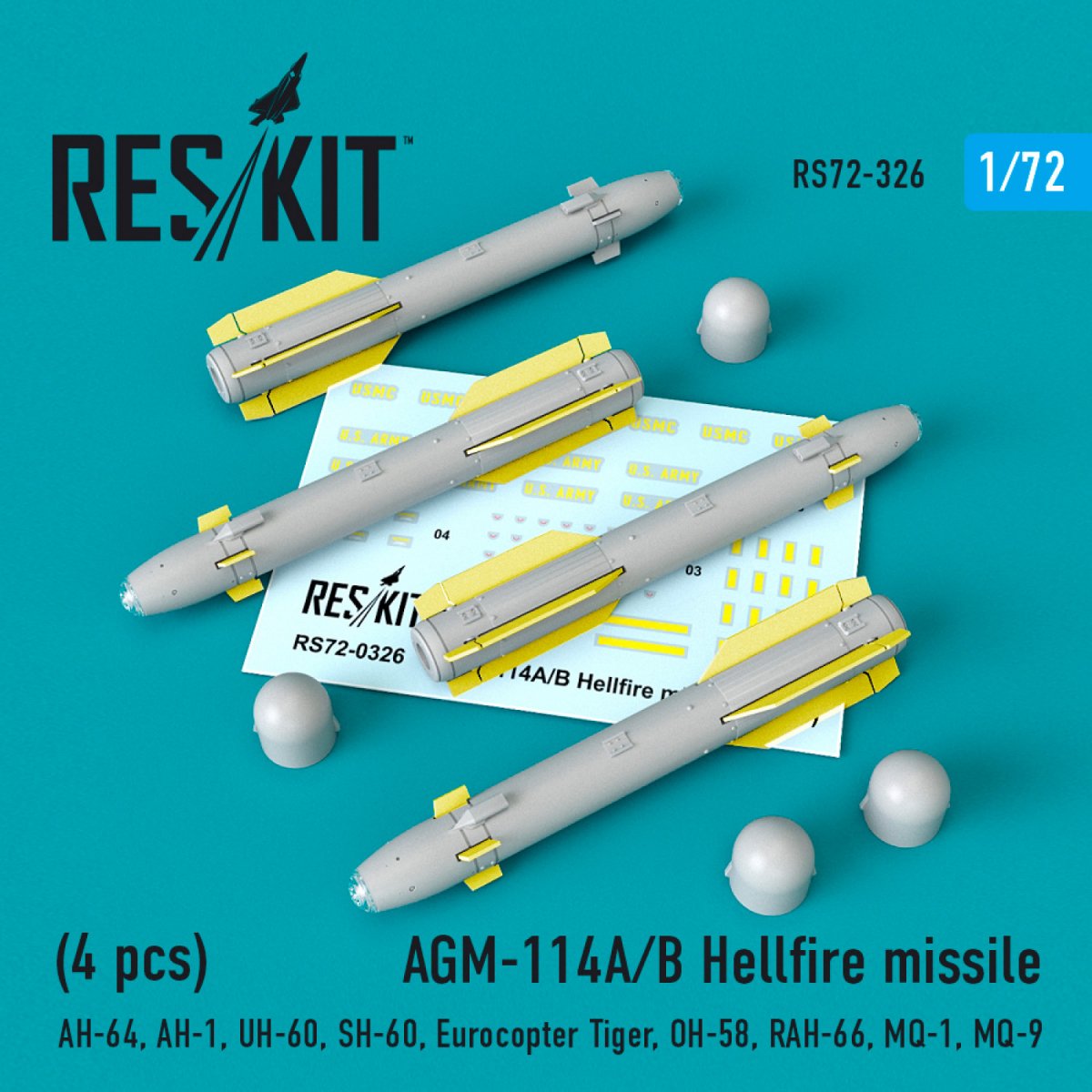 RESKIT RS72-0326 AGM-114A/B HELLFIRE MISSILES (4PCS) 1/72
