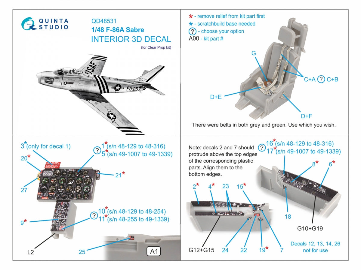 Quinta Studio QD48531 F-86A Saber 3D-Printed &amp;amp; colored Interior on decal paper (Clear Prop) 1/48 – image 3