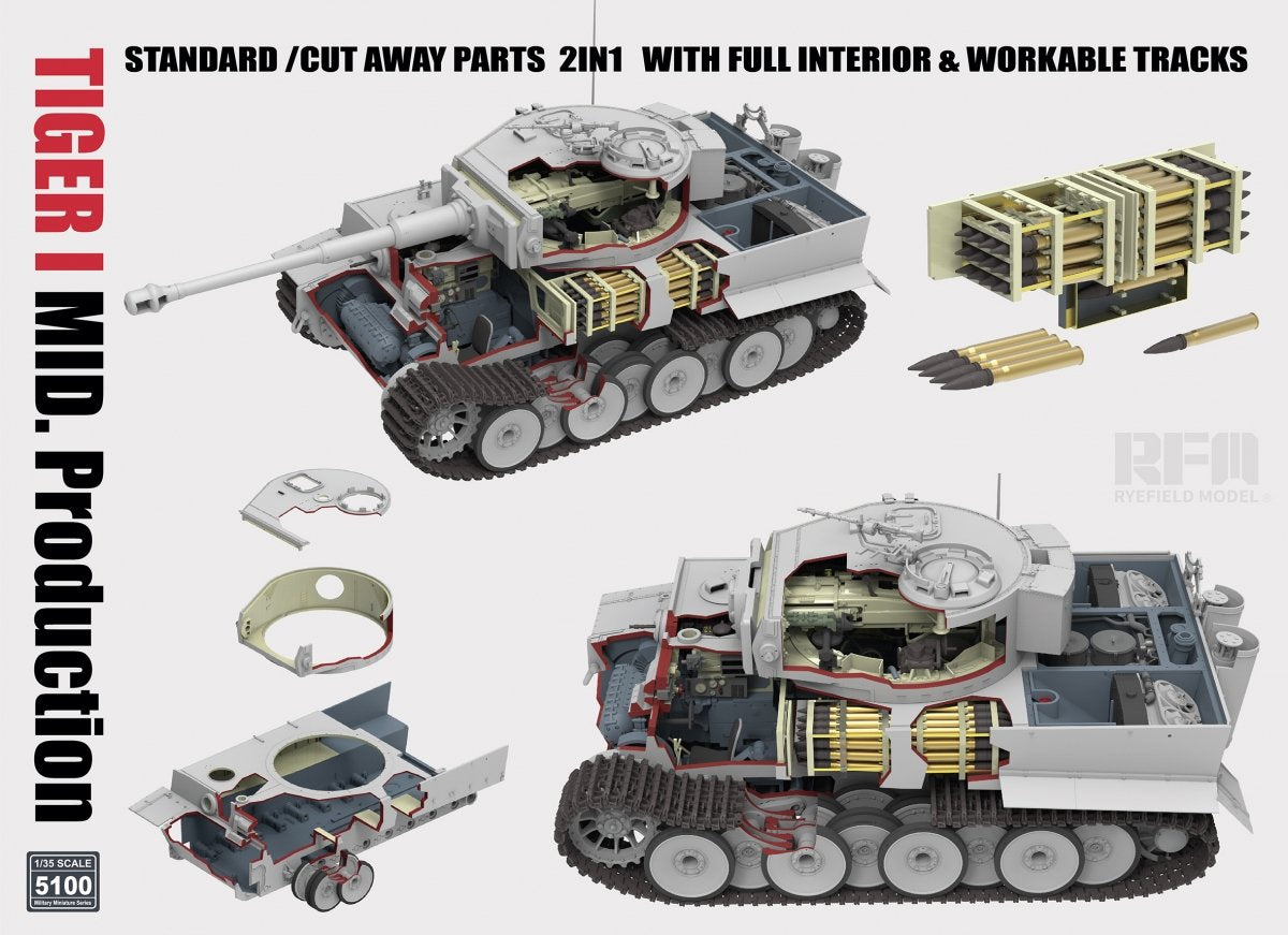 Rye Field Model 5100 TIGER I MID.Production STANDARD/CUT AWAY PARTS 2 IN 1 WITH FULL INTERIOR&amp;amp;WORKABLE TRACKS 1/35 – image 2
