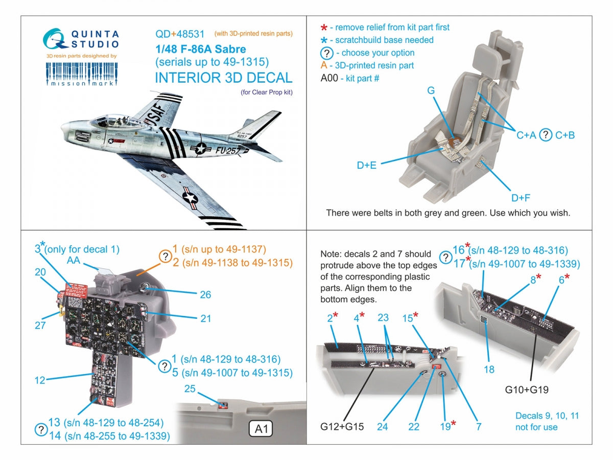 Quinta Studio QD+48531 F-86A Saber 3D-Printed &amp;amp; colored Interior on decal paper (Clear Prop) (with 3D-printed resin parts) 1/48 – image 3