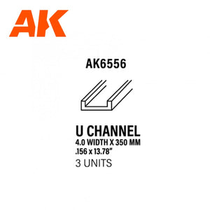 AK Interactive AK6556 U CHANNEL 4.0 WIDTH X 350MM – STYRENE U CHANNEL – (3 UNITS)