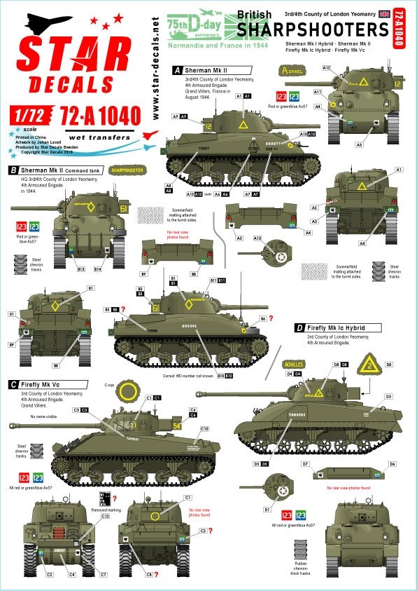 Star Decals 72-A1040 British Sharpshooters 75th D-Day Special. Sherman tanks of 3rd/4th County of London Yeomanry 1/72
