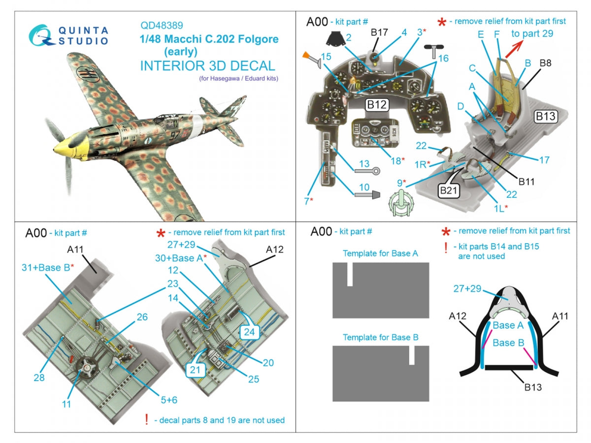 Quinta Studio QD48389 Macchi C.202 Folgore Early Intérieur imprimé en 3D et coloré sur papier décalcomanie (Hasegawa/Eduard) 1/48  – image 2