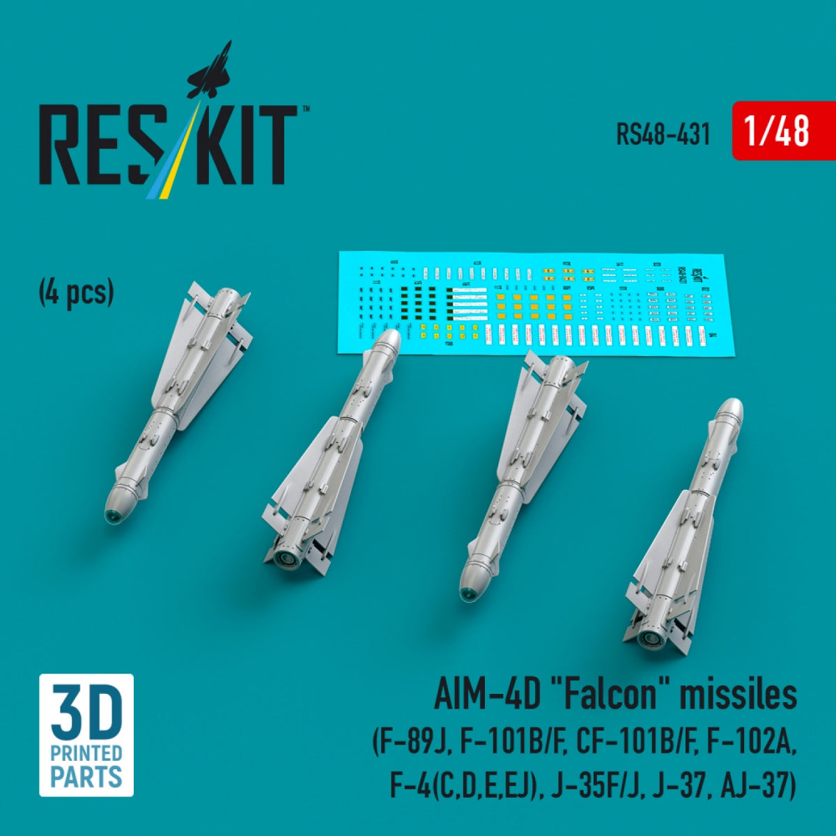 RESKIT RS48-0431 AIM-4D "Falcon" missiles (4 pcs) (3D Printed) 1/48