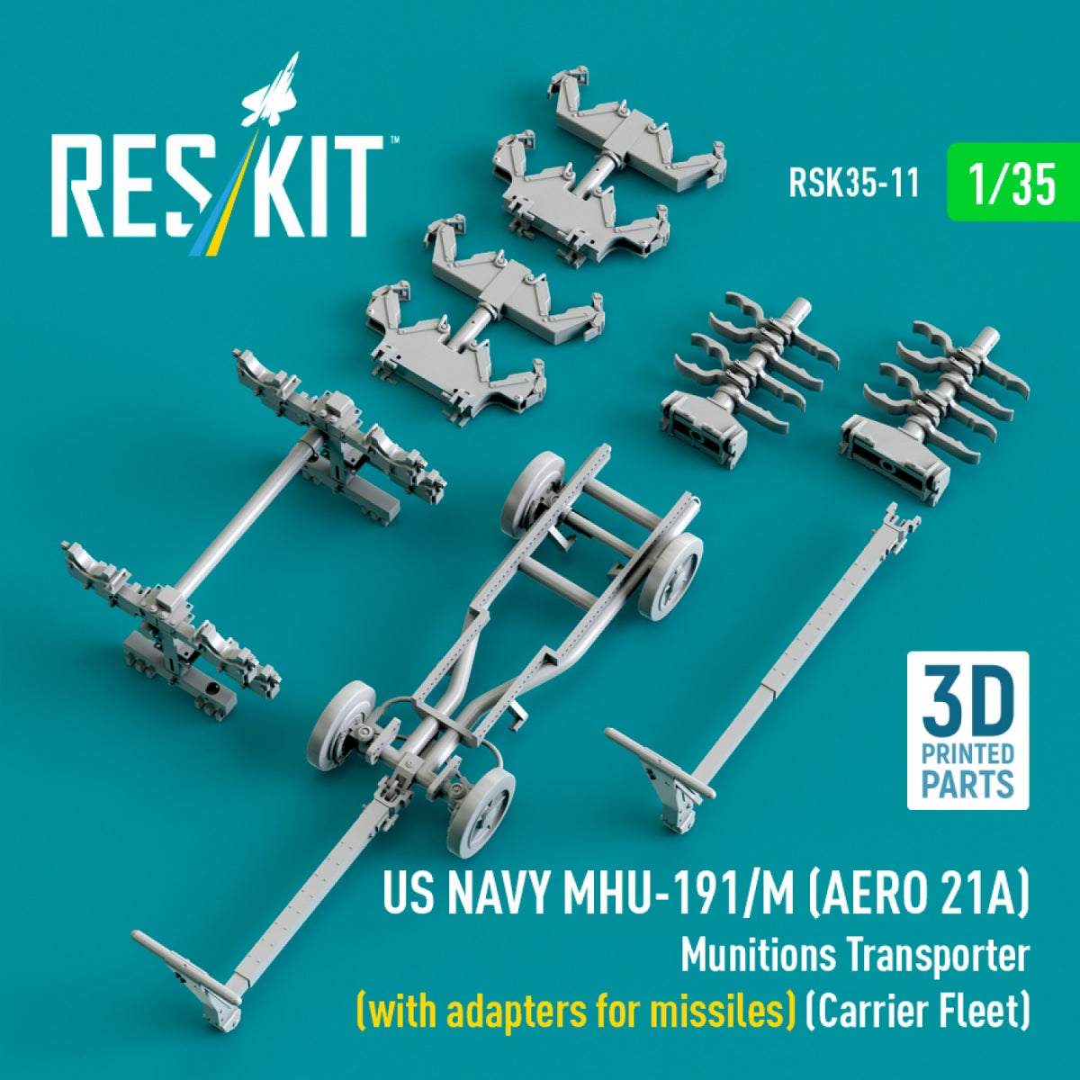 RESKIT RSK35-0011 US NAVY MHU-191/M (AERO 21A) Munitions Transporter (with adapters for missiles) (Carrier Fleet) (3D Printed model kit) 1/35 – image 4
