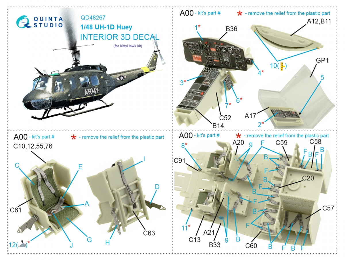 Quinta Studio QD48267 UH-1D 3D-Printed colored Interior on decal paper (KittyHawk) 1/48 – Bild 2