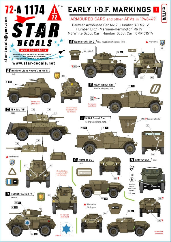 Star Decals 72-A1174 Early IDF markings # 1. Israeli armored cars and AFVs in 1948-49. Daimler AC Mk 2, Humber AC Mk IV, Humber LRC, Marmon-Herrington Mk IVF, M3 White Scout Car, Humber SC, CMP C15TA. 1/72