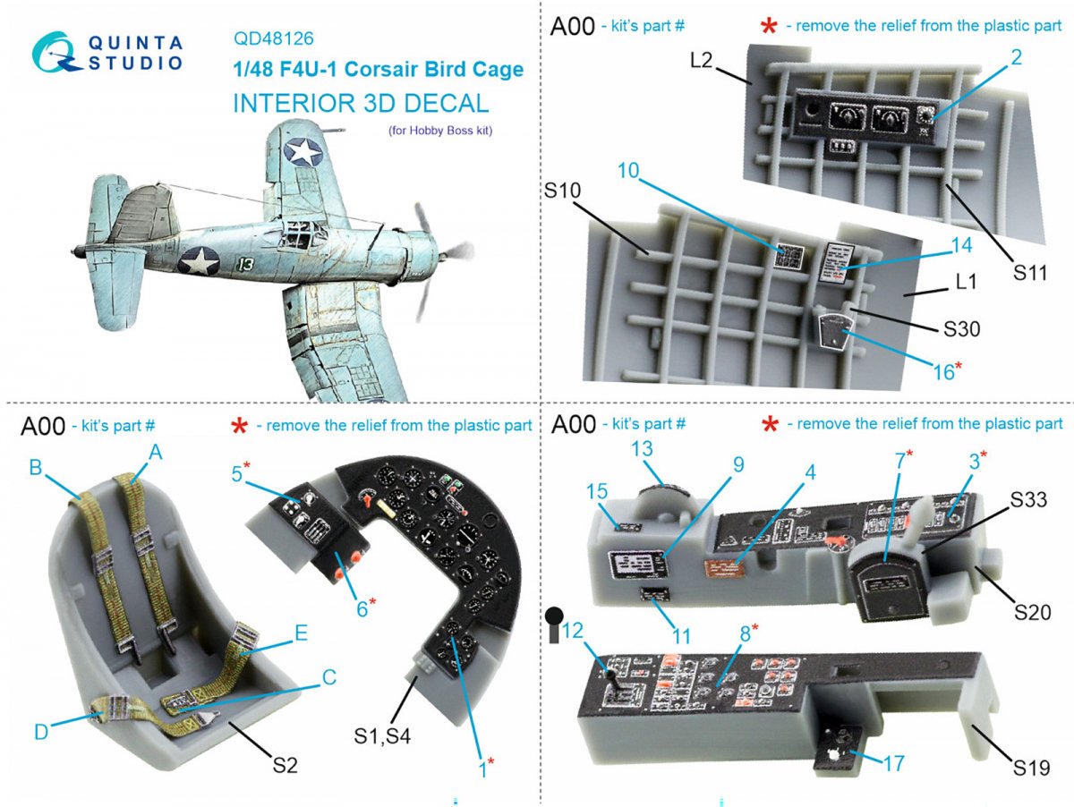 Quinta Studio QD48126 F4U-1 Corsair (Birdcage) 3D-Printed &amp;amp; colored Interior on decal paper (Hobby Boss) 1/48 – Bild 8