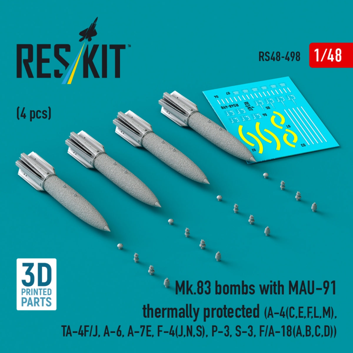 RESKIT RS48-0498 Bombes Mk.83 avec MAU-91 à protection thermique (4 pièces) (impression 3D) 1/48