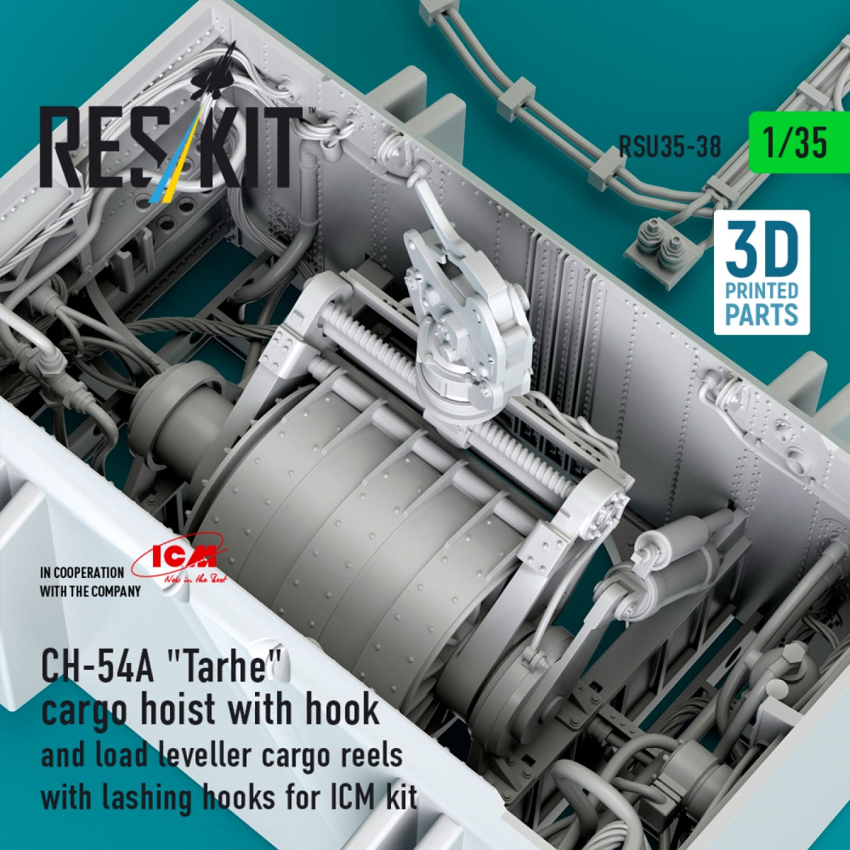 RESKIT RSU35-0038 CH-54A "Tarhe" cargo hoist with hook and load leveller cargo reels with lashing hooks for ICM kit (3D Printed) 1/35