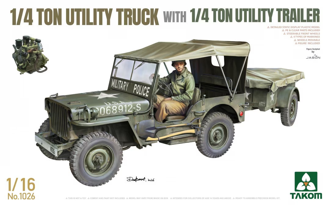 Takom 1026 US WWII Willys 1/4 Ton Utility Truck with 1/4 Ton Utility Trailer 1/16