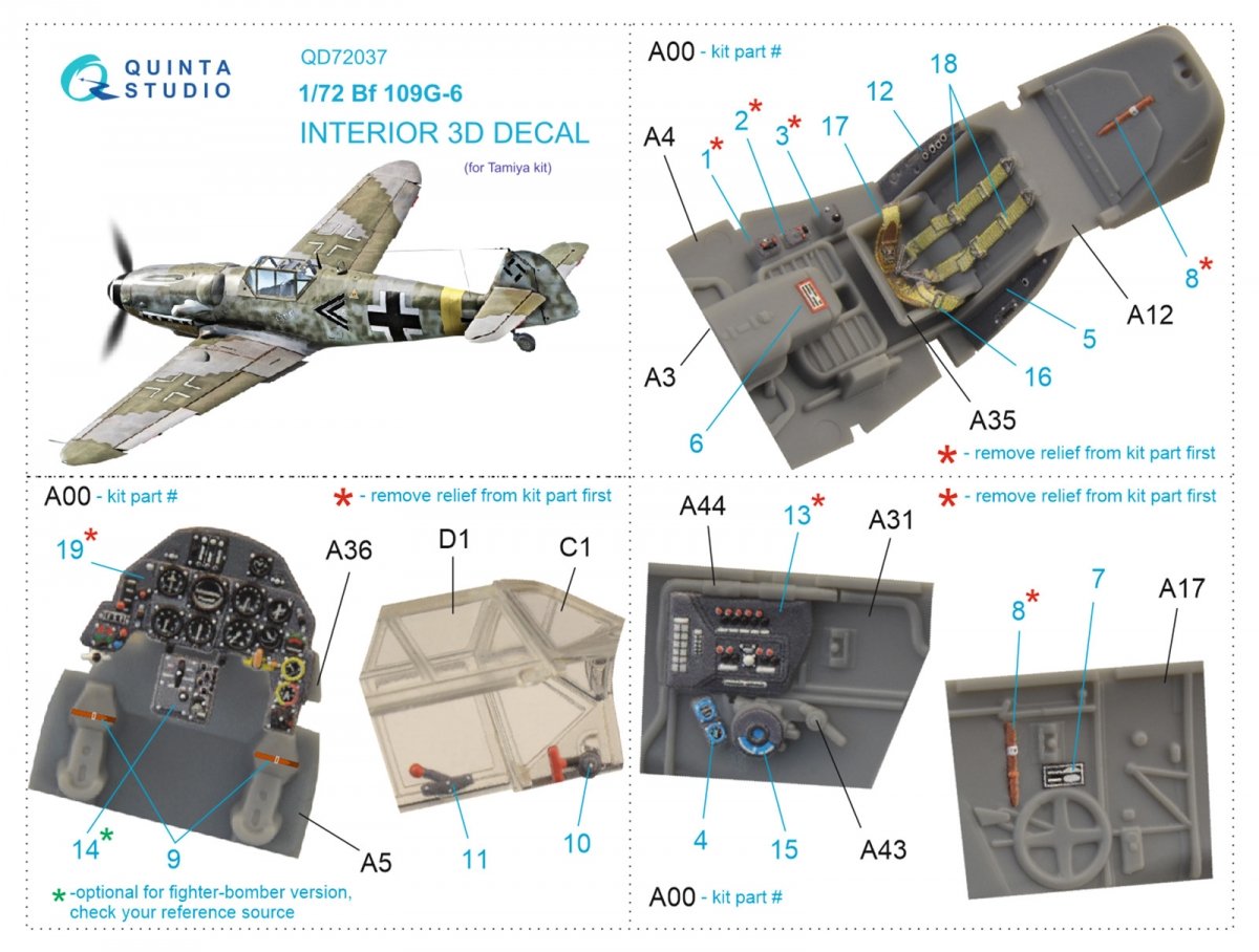 Quinta Studio QD72037 Bf 109 G-6 3D-Printed &amp;amp; colored Interior on decal paper (Tamiya) 1/72 – Bild 2