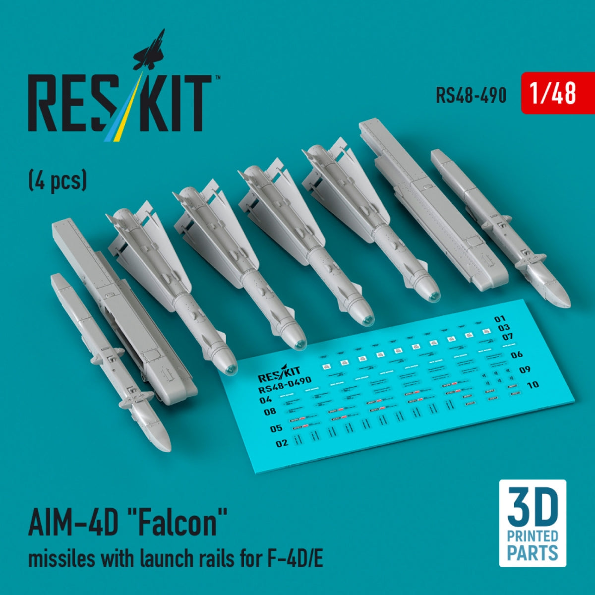 RESKIT RS48-0490 AIM-4D "Falcon" missiles with launch rails for F-4D/E (4 pcs) (3D Printed) 1/48