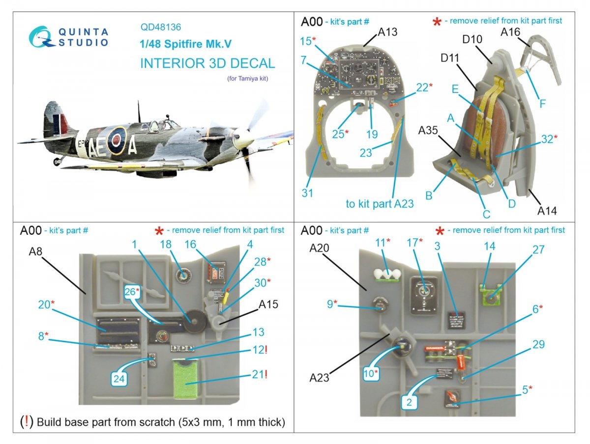Quinta Studio QD48136 Spitfire Mk.V 3D-Printed &amp;amp; colored Interior on decal paper (Tamiya) 1/48 – immagine 12