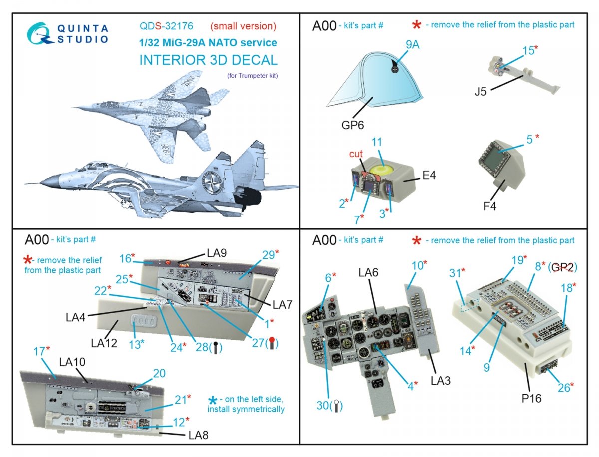 Quinta Studio QDS-32176 MiG-29A NATO service 3D-Printed &amp;amp; colored Interior on decal paper (Trumpeter) (Small version) 1/32 – Bild 2