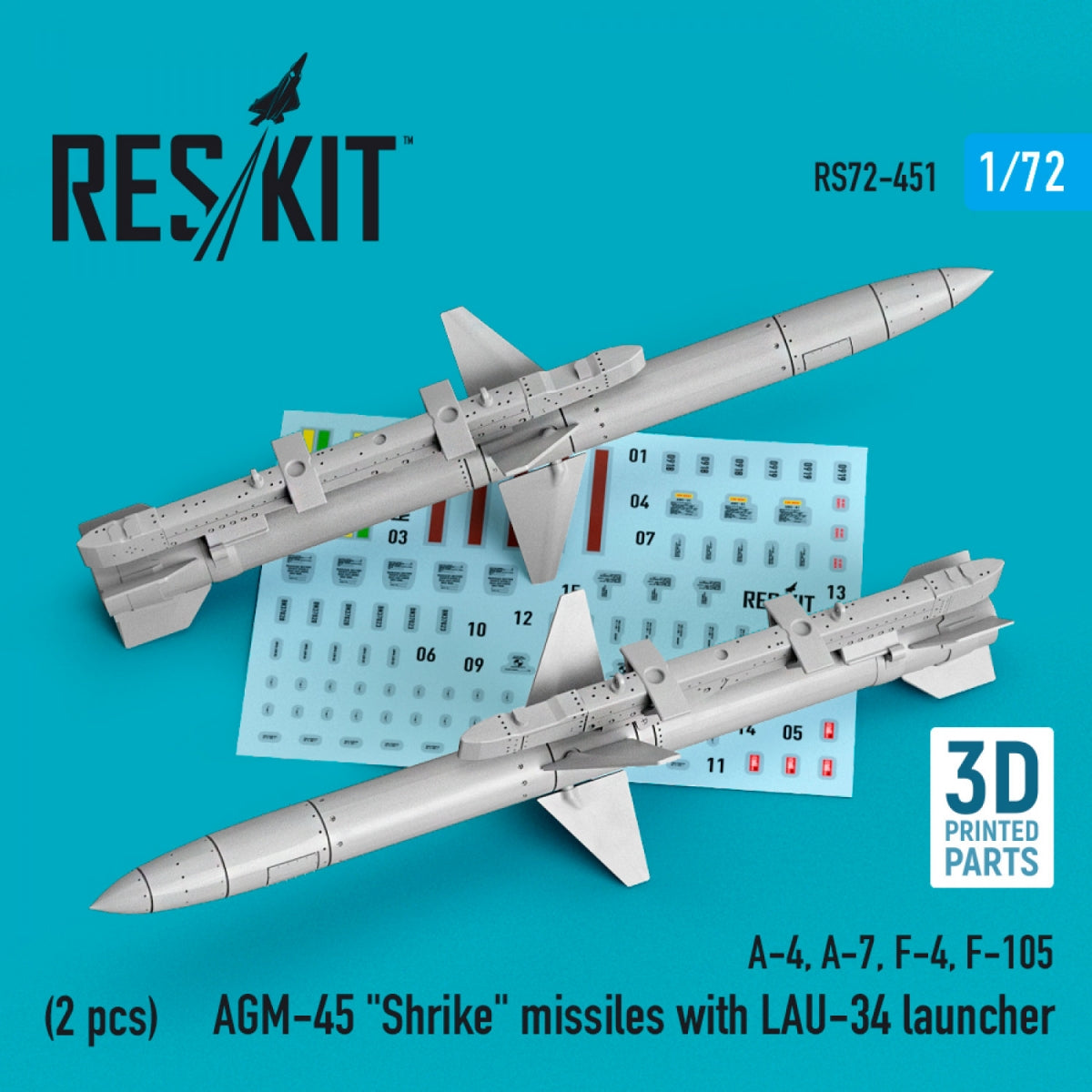 RESKIT RS72-0451 AGM-45 "SHRIKE" MISSILES WITH LAU-34 LAUNCHER (2 PCS) (3D PRINTED) 1/72