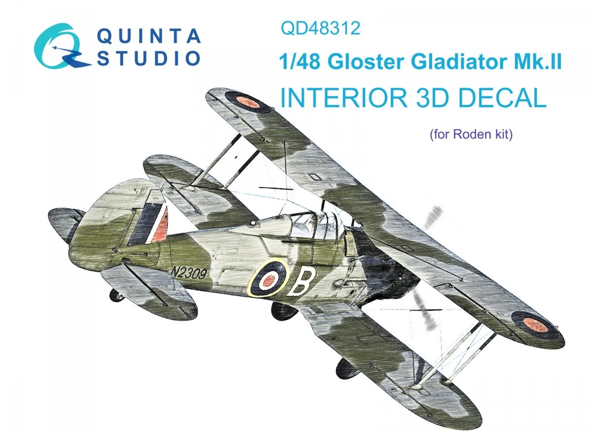 Quinta Studio QD48312 Gloster Gladiator MKII 3D-Printed &amp; colored Interior on decal paper (Roden) 1/48