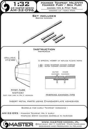 Master AM-32-096 Hawker Tempest Mk.II/V/VI and Hawker Fury/Sea Fury - Hispano Mk.V barrel tips and pitot tube (1/32) – obrázek 4