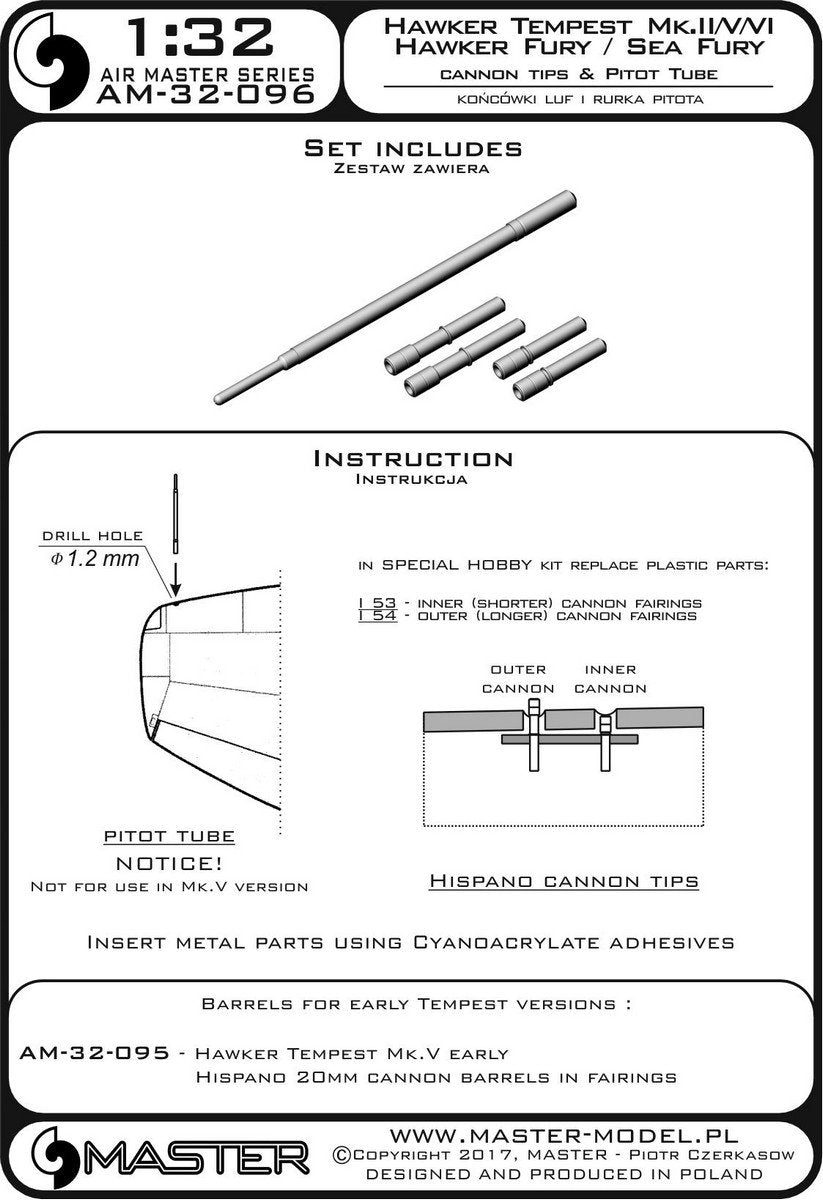 Master AM-32-096 Hawker Tempest Mk.II/V/VI and Hawker Fury/Sea Fury - Hispano Mk.V barrel tips and pitot tube (1/32) – obrázek 4