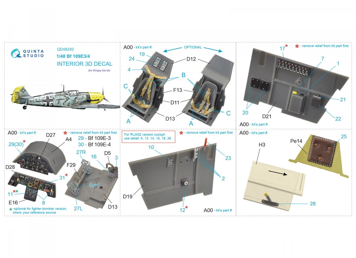 Quinta Studio QD48240 Bf 109E-3/4 3D-Printed &amp;amp; colored Interior on decal paper (Wingsy kits) 1/48 – immagine 2