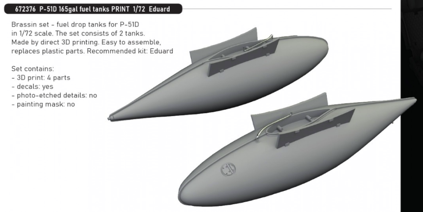 Réservoirs de carburant Eduard 672376 P-51D 165 gallons - Impression Eduard 1/72