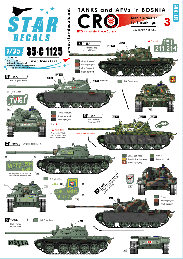 Star Decals 35-C1125 HVO - Hrvatsko Vijece Obranie (Croat). T-55 and T-55A 1992-95 1/35