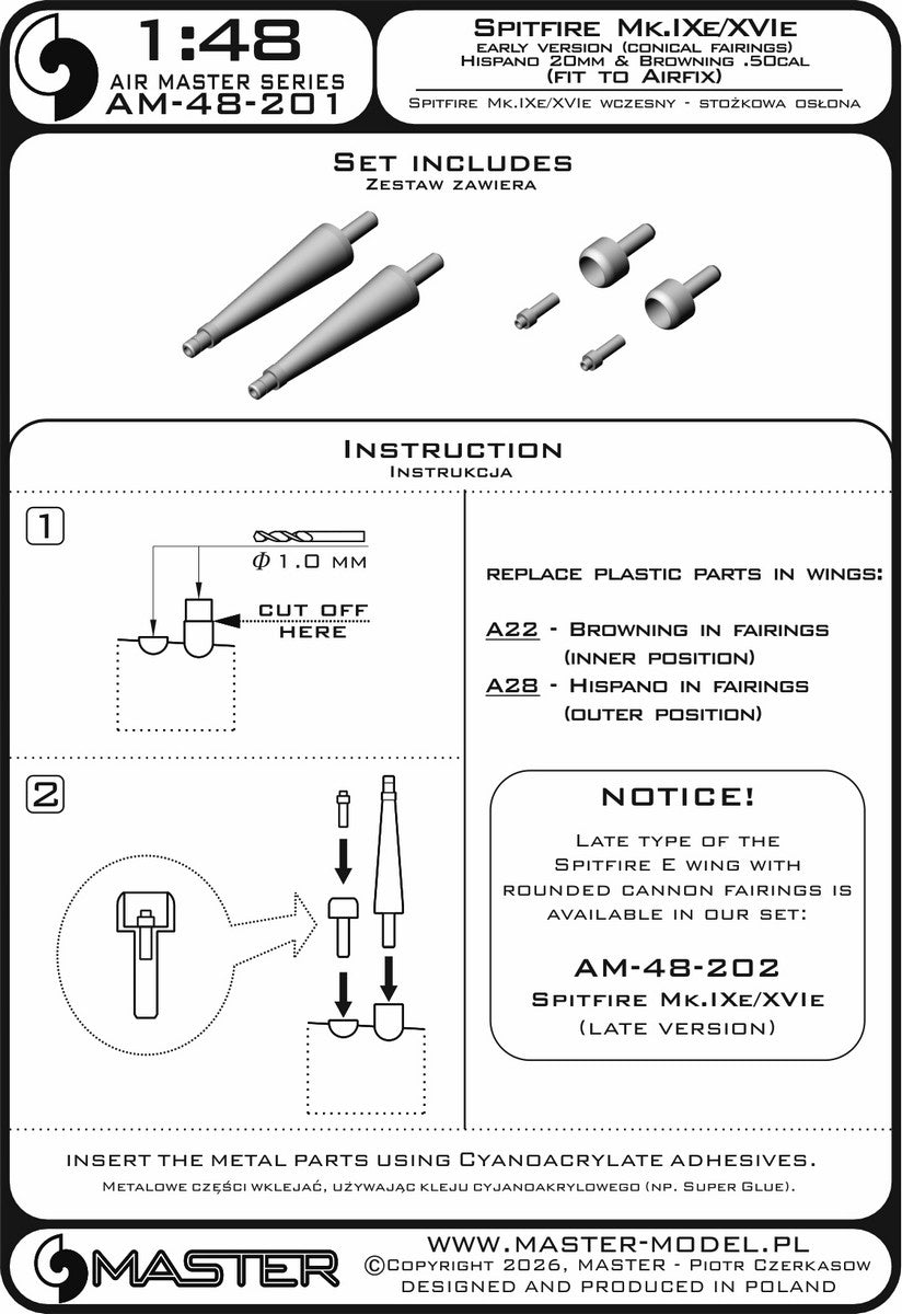 Master AM-48-201 Spitfire Mk.IXe/XVIe wczesna wersja - stożkowa osłona luf działek Hispano 20mm oraz km Browning .50cal w osłonie (do modelu Airfix) 1/48 – Bild 6