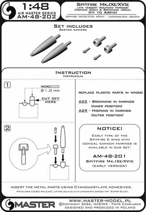 Master AM-48-202 Spitfire Mk.IXe/XVIe późna wersja - zaokrąglona osłona luf działek Hispano 20mm oraz km Browning .50cal w osłonie (do modelu Airfix) 1/48 – imagen 6