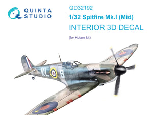 Quinta Studio QD32192 Spitfire Mk.1 (Mid) 3D-Printed &amp;amp; colored Interior on decal paper (Kotare) 1/32