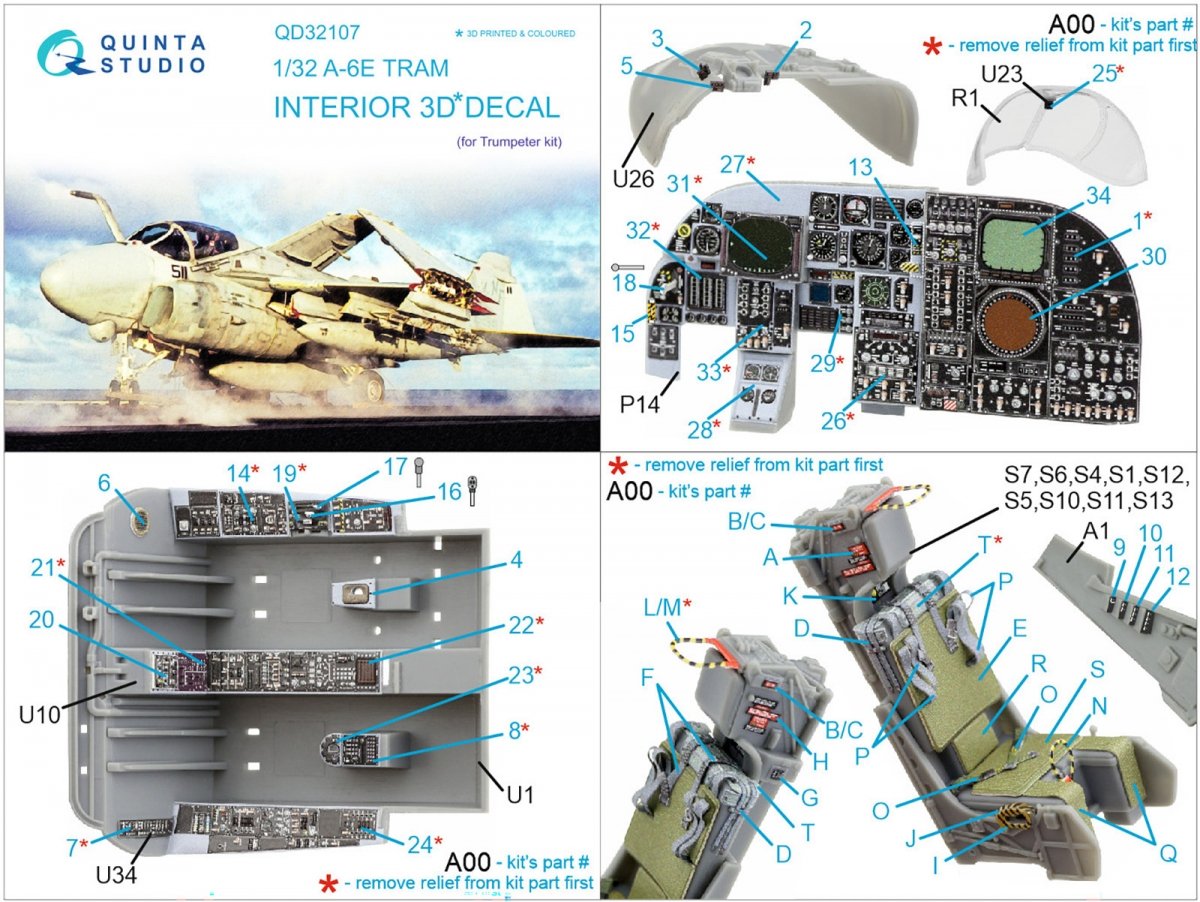 Quinta Studio QD32107 A-6E TRAM Intruder 3D-Printed &amp;amp; colored Interior on decal paper (Trumpeter) 1/32 – obrázek 9