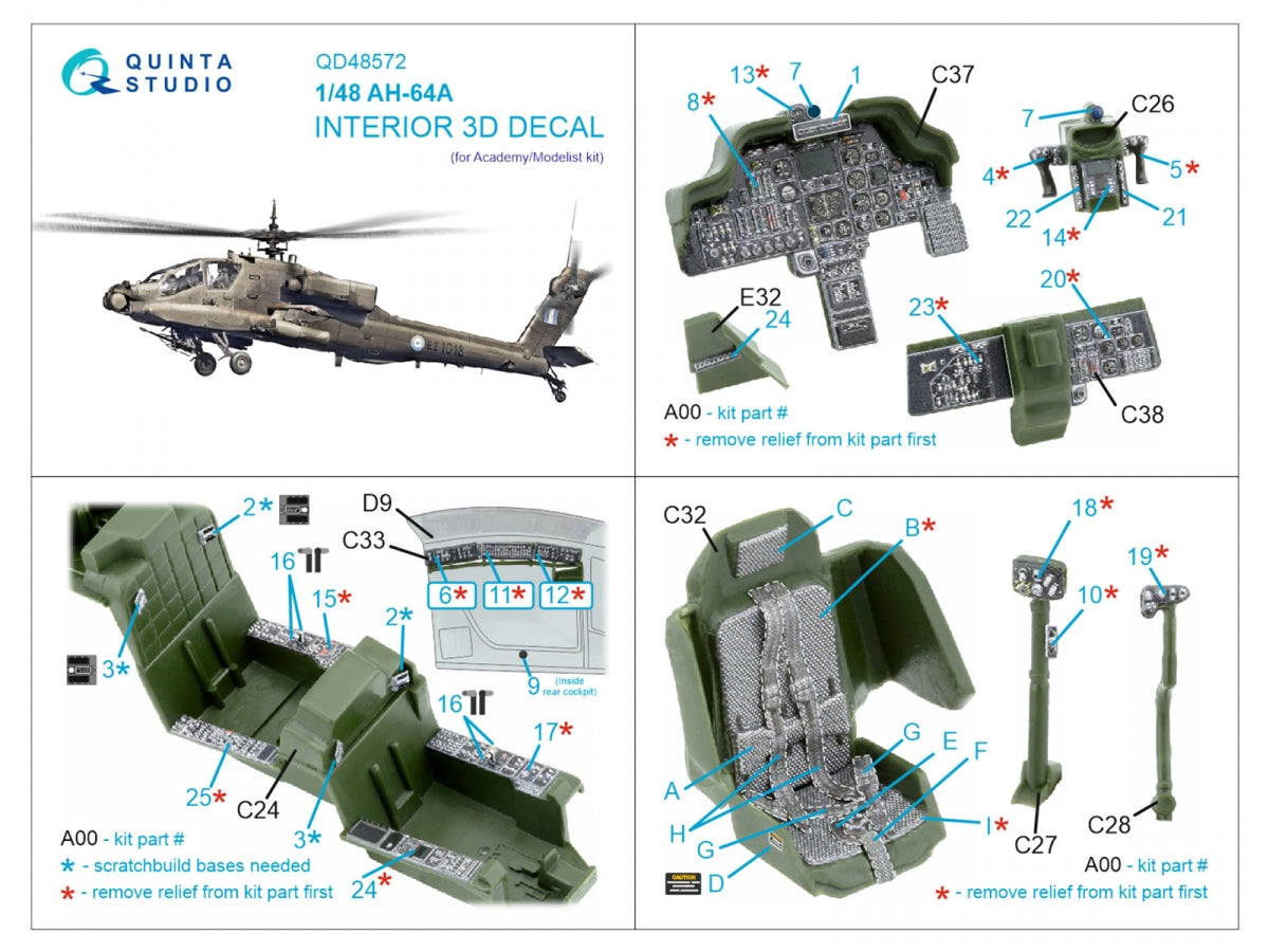Quinta Studio QD48572 AH-64A 3D-Printed &amp;amp; colored Interior on decal paper (Academy/Modelist) 1/48 – obrázek 12