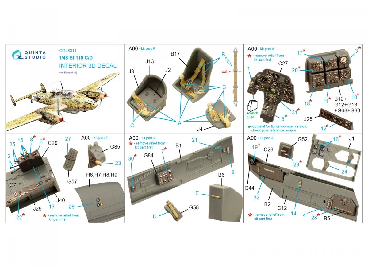 Quinta Studio QD48311 Bf 110C/D 3D-Printed &amp;amp; coloured Interior on decal paper (Eduard) 1/48 – zdjęcie 6