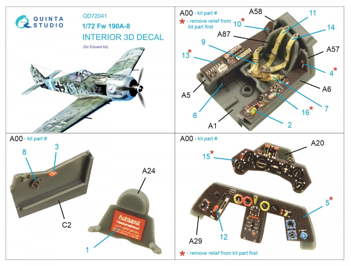 Quinta Studio QD72041 Fw 190A-8 3D-Printed &amp;amp; colored Interior on decal paper (Eduard) 1/72 – image 2
