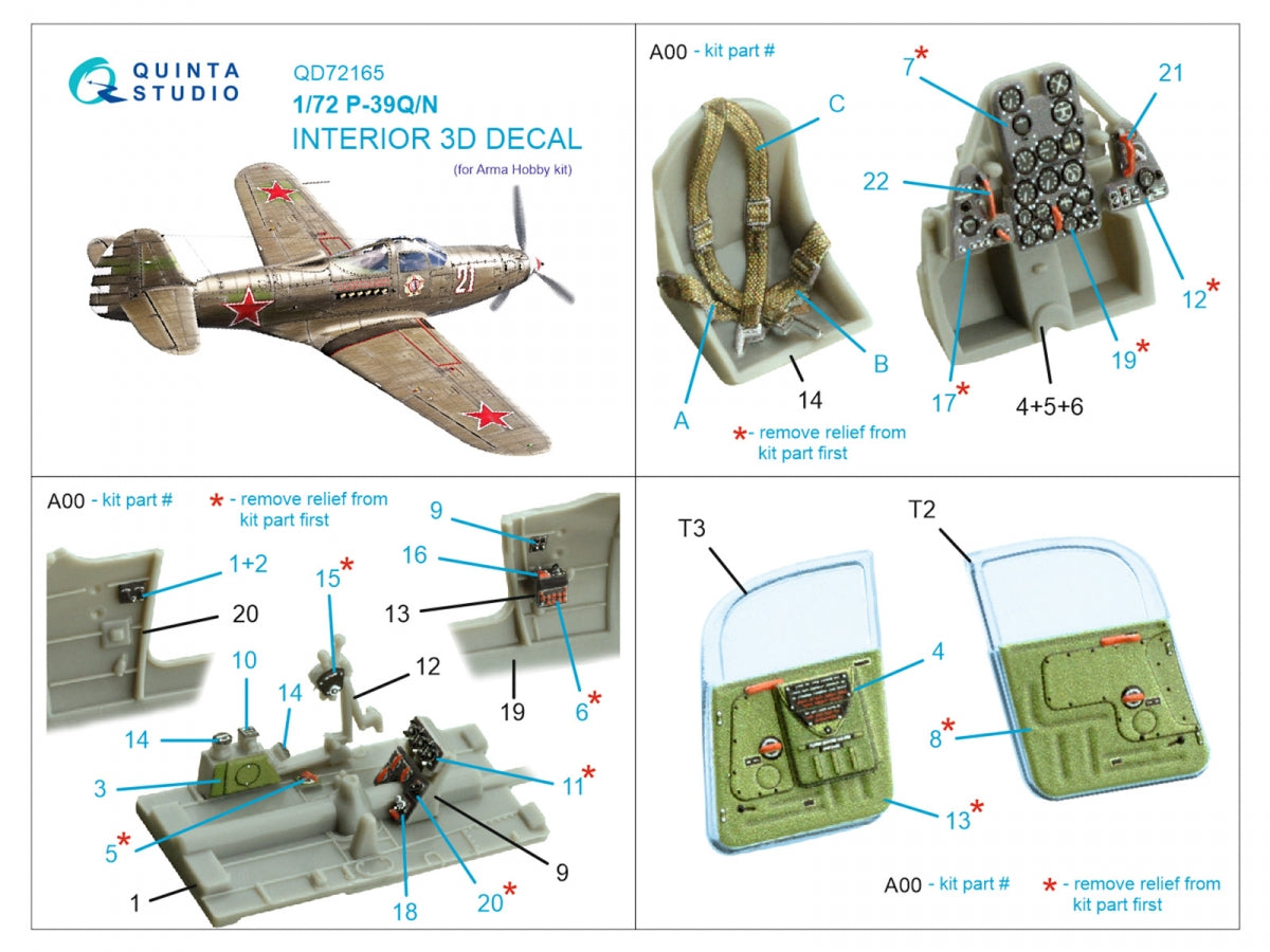 Quinta Studio QD72165 P-39Q/N Airacobra 3D-Printed colored Interior on decal paper (Arma Hobby) 1/72 – image 2