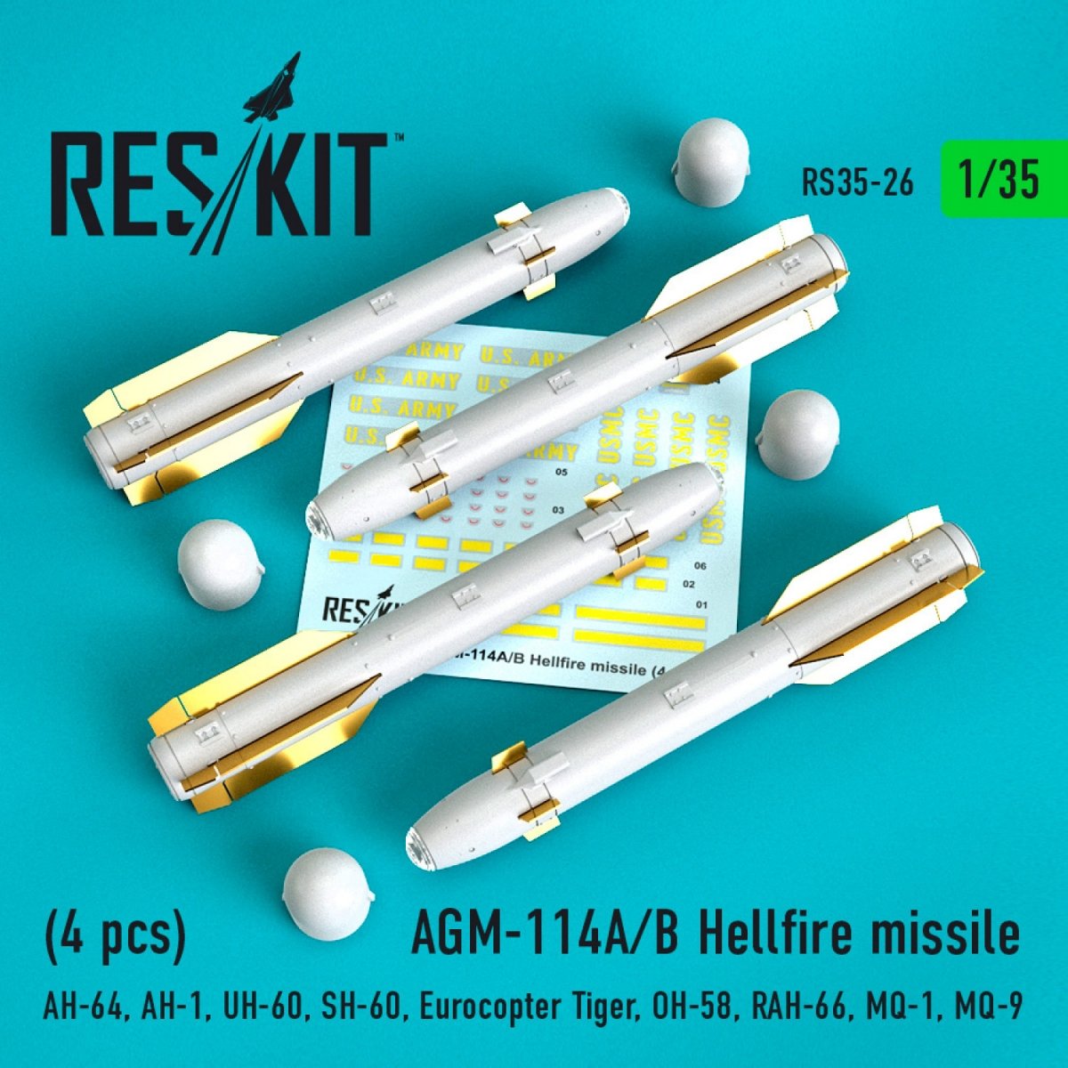 RESKIT RS35-0026 AGM-114A/B HELLFIRE MISSILES (4PCS) 1/35